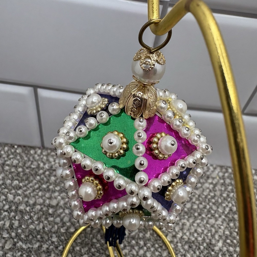 Vtg Christmas Ornament Geometric Push Pin Beaded Foil Faux Pearl w Tassel - Picture 7 of 10